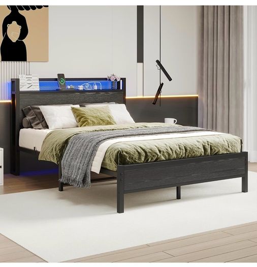 Double Bed Frame with LED Lights/Charging Station,4ft6 Metal Platform Bed Frame with Storage Headboard/Mattress Foundation/Metal Slat Support/No Box Spring Needed,Under-bed Storage,Black Bed