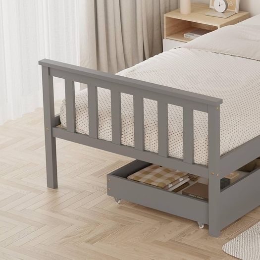 Single Bed Frame with Storage Drawers, Sturdy Bed Base for Kids Adults, With Footboard, Wood Bed Frame Without Mattress Grey