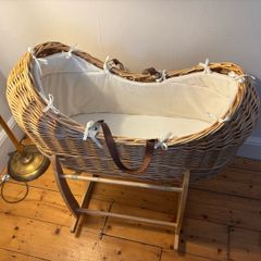 Beautiful straw Moses basket with Clair de lune rocker and two Clair de lune covers