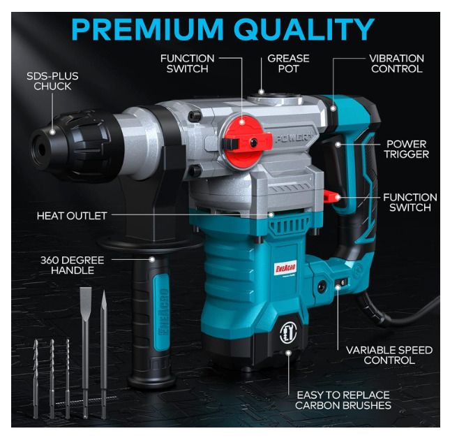 ENEACRO SDS-Plus Hammer Drill, 1500 W 6 Joule Demolition Hammer 6 Variable Speed 0-920 rpm with 4 Functions, Anti-Vibration Handle