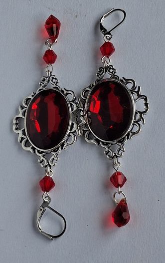 Gothic Ornate Filigree Deep Red Garnet Tassel Earrings