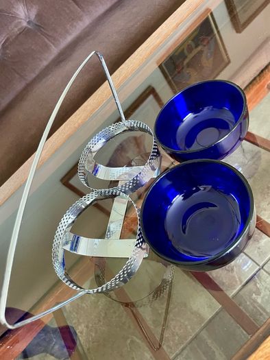 Vintage 1950s Cobalt Blue Glass & Silver Chrome Double Table Basket