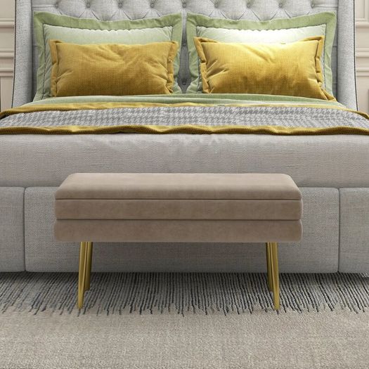 Beige Upholstered Storage Bench with Gold Steel Legs