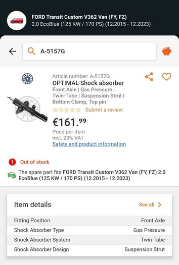 Ford transit custom shock absorbers 2015-2023.