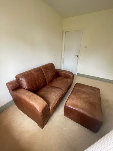 Brown Leather Couch and Poof