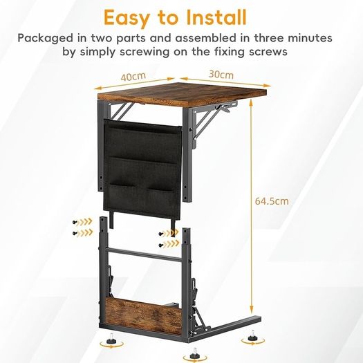 Foldable Side Table Bedside Table with Storage Bag, Metal Frame Coffee Table for Living Room Bedroom Office, Rustic Brown