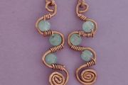 Handmade Copper Wire Wrapped Earrings, Milky Glass Beads, Boho Spiral Dangles