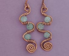 Handmade Copper Wire Wrapped Earrings, Milky Glass Beads, Boho Spiral Dangles