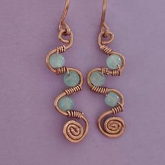 Handmade Copper Wire Wrapped Earrings, Milky Glass Beads, Boho Spiral Dangles