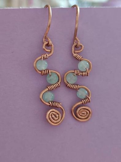 Handmade Copper Wire Wrapped Earrings, Milky Glass Beads, Boho Spiral Dangles