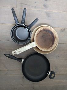 3 frying pans and 3 pots