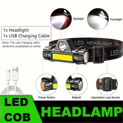 USB Charging LED Headlight - Near & Far COB Light, Multifunctional for Outdoor Fishing & Emergency, Free inspection