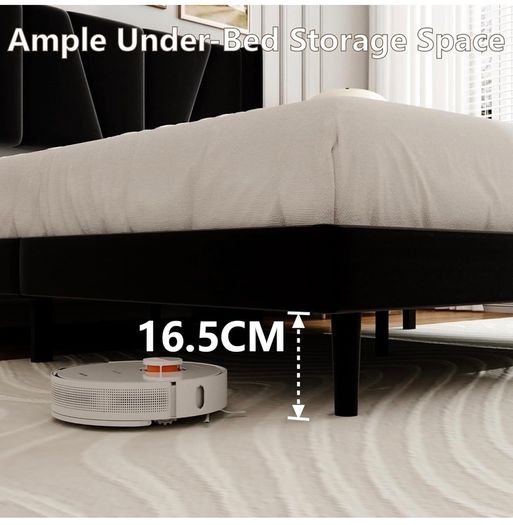 Double Bed Frame with Headboard, Velvet Geometric Tufted Upholstered Platform Bed Frames, Contemporary Mattress Foundation, No Box Spring Needed, Noise Free, Easy Assembly, Black