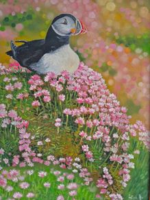 Puffin and Sea Pinks | oil painting | framed