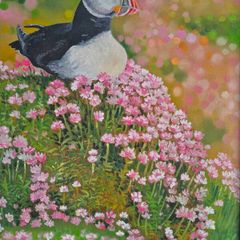 Puffin and Sea Pinks | oil painting | framed