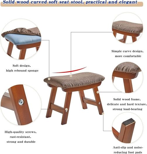 Wooden Footstool, Foot Stool Ottoman Padded Chair Stool with Removable Cover 4 Beech Legs Suitable for Bedroom, Living Room and Kitchen, (Brown leg+ Brown cushion),