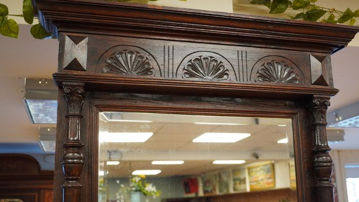 Antique Gothic Revival Oak Hall Console with Mirror