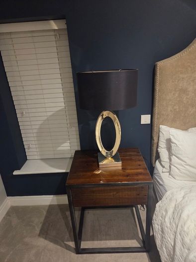 2 x industrial style wooden bedside lockers with 2 x lamps