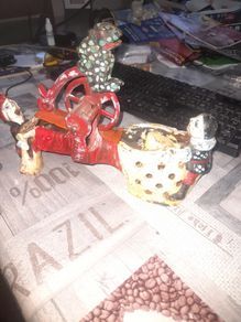Antique Cast Iron Professor Pug Frogs Great Bicycle Feat Mechanical Bank