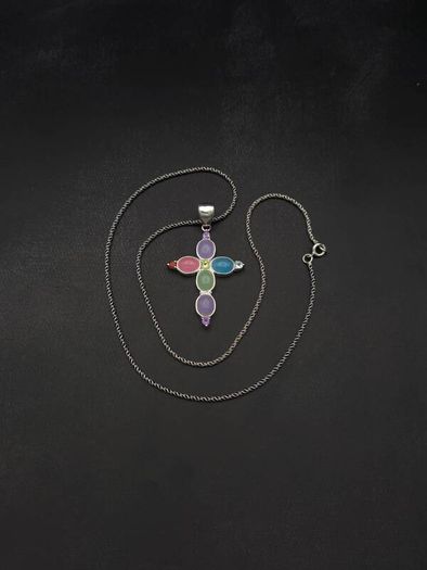 Vintage 925 Sterling Silver Multi Gemstone Cross Necklace