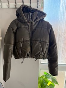 ZARA Hooded Faux Leather Puffer Coat - khaki green - Never Worn