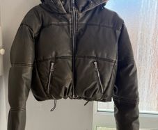 ZARA Hooded Faux Leather Puffer Coat - khaki green - Never Worn