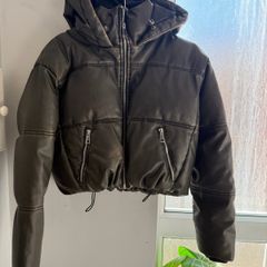 ZARA Hooded Faux Leather Puffer Coat - khaki green - Never Worn