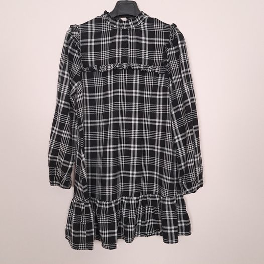 Nobody's Child Black White Plaid Checkered Ruffle High Neck Long Sleeve Mini Dress 10UK/38EU