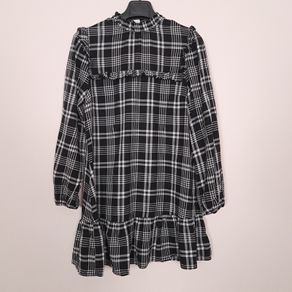 Nobody's Child Black White Plaid Checkered Ruffle High Neck Long Sleeve Mini Dress 10UK/38EU