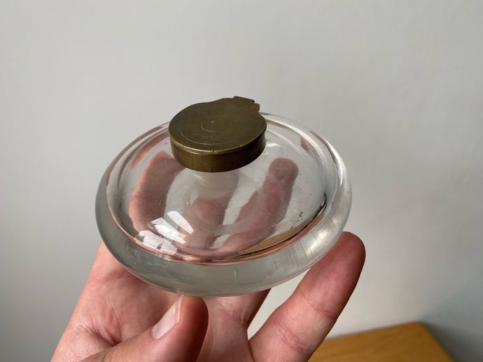 Hand Blown Round Glass Vintage Inkwell with Brass Hinged Collar and Lid c1900