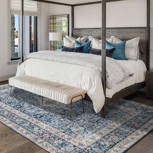Rugs Living Room Large 160x230 cm Boho Vintage Area Rug Traditional Oriental Carpet Machine Washable Rugs Anti Slip Low Pile Rug Home Decor Office Carpet, Blue