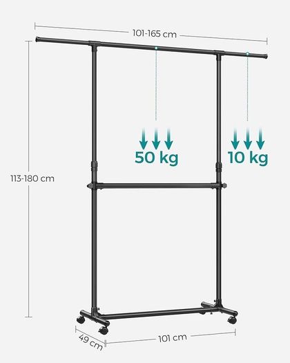 SALE | Double Clothes Rail, Clothing Rack with Extendable Top Rail, Clothes Rail on Wheels, 113-180 cm Height Adjustable Clothes Rack, Adjustable Middle Rail, Black