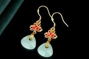 Lotus Flower Red Enamel Mint Teadrop Gold Earrings