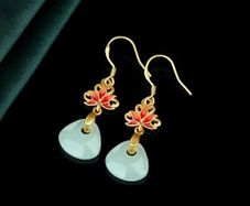 Lotus Flower Red Enamel Mint Teadrop Gold Earrings