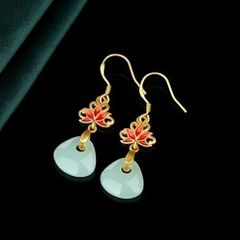 Lotus Flower Red Enamel Mint Teadrop Gold Earrings