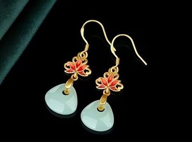 Lotus Flower Red Enamel Mint Teadrop Gold Earrings