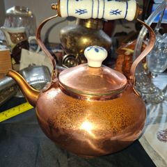 Copper Kettle features a white Porcelain Handle and matching lid knob, Stage or Movie Props Postage Available or Collection