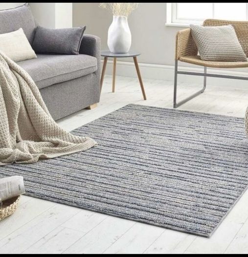 Blue loop rug thin pile stripes