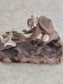 Vintage Mudmen Chinese Man Bird Clam Miniature Clay Figurine Asian 2" high