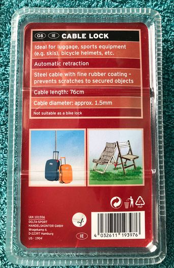 Cable lock. Ideal for luggage, sports equipment, bicycle helmets