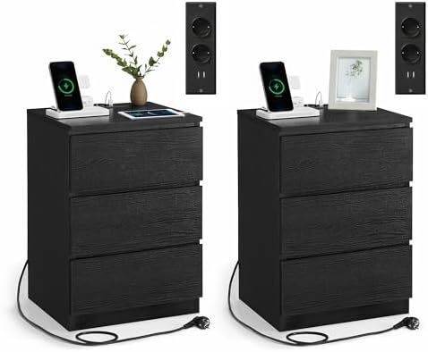 Set of 2 Bedside Tables 3 Drawers 2 AC Outlets, 2 USB Ports