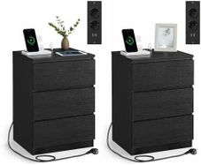 Set of 2 Bedside Tables 3 Drawers 2 AC Outlets, 2 USB Ports