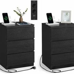 Set of 2 Bedside Tables 3 Drawers 2 AC Outlets, 2 USB Ports
