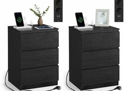 Set of 2 Bedside Tables 3 Drawers 2 AC Outlets, 2 USB Ports