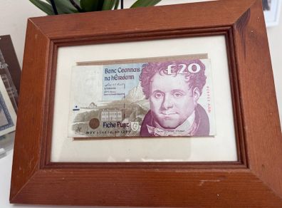 Irish 20 pound note in a frame