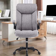 Office Chair for Home Office, Ergonomic Heavy Duty Desk Chair with Flip-up Arms & Lumbar Support, Comfortable Padded Swivel Computer Chair for Bedroom Study, 150KG Capacity, Grey
