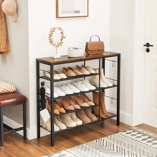 _shoe rack, for 14 pairs of shoes, for slippers, high heels, boots, in the entrance area, living room, bedroom, industrial style, vintage brown-black