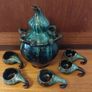 Fabulous Gourd Shaped Bulgarian Pottery Bottle in Brown with Mint Green Drip Glaze, with Five Matching Hanging Cups Image 7