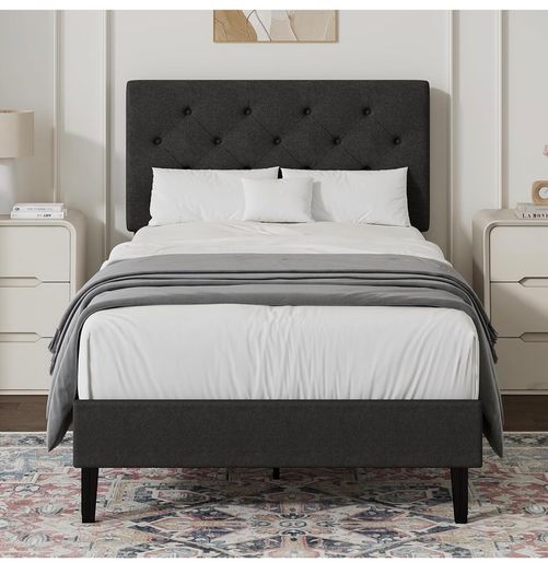 Single Bed Frame, 90 x 190 cm, with Adjustable Upholstered Headboard, Heavy Duty 256kg Weight Capacity, Easy Assembly, No Box Spring Needed, Grey