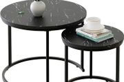 Round Coffee Tables, Set of 2 End Table, Nesting Tables, Side Table with Metal Frame for Living Room/Bedroom/Balcony/Office/Apartment, Diameter 23.6/15.7 IN (Black Frame, Black Wood Marble Finish Top